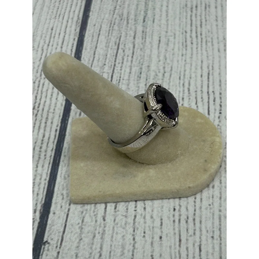 Silver Tone Halo Round Purple Alexandrite Ring Sz 7 CZ Accent Cocktail Statement